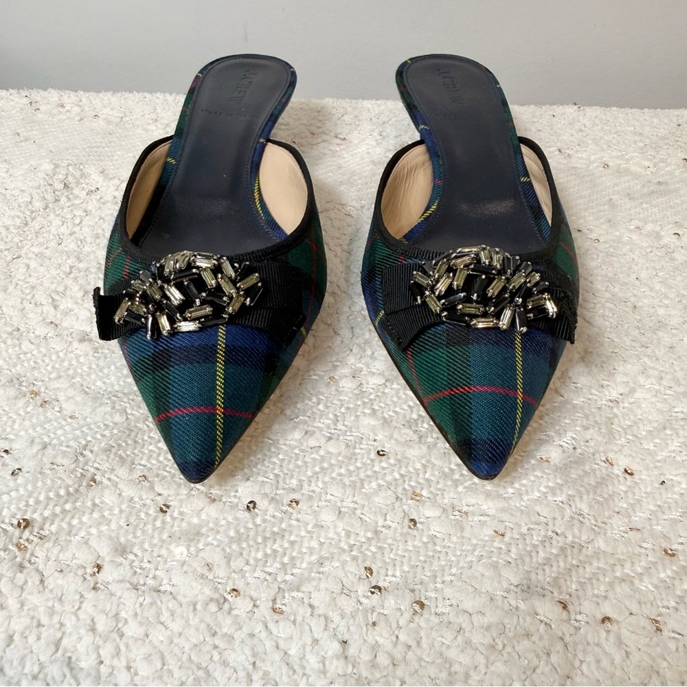J.Crew blue plaid pointed toe rhinestone kitten heel mules - size 8 1/2 NWOT - Picture 2 of 7